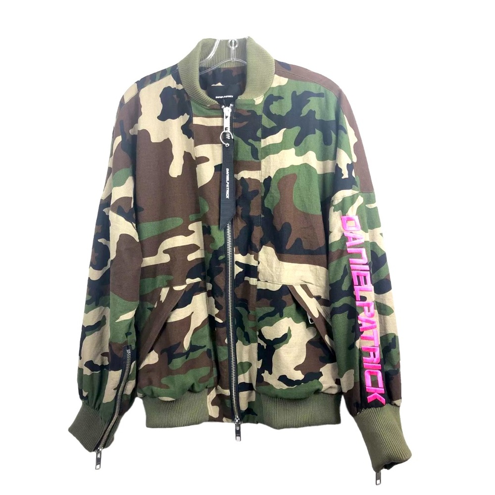 Daniel Patrick Camo Bomber Jacket Pink Lining Embroidery NWT - Oversize Men’s XS